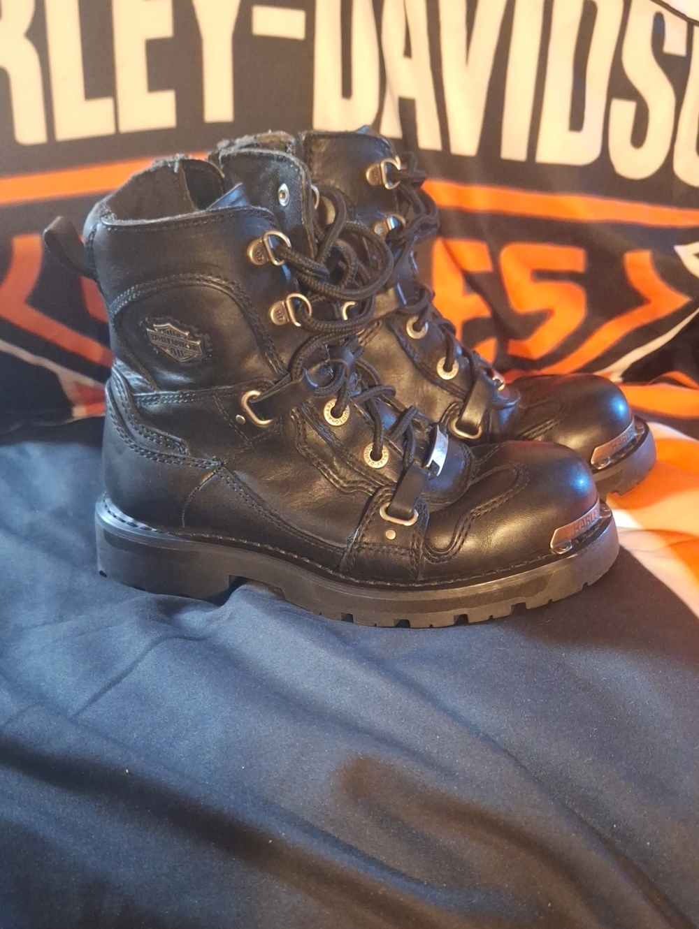 Harley-Davidson Black Leather Lace-Up Riding Boots with Metal Toe Caps